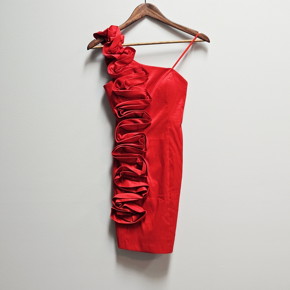 Adrianna Papell Red One Shoulder Ruffle Sheath Dress